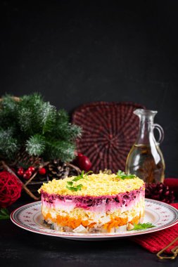 Ringa, pancar, patates, havuç ve yumurtadan geleneksel Rus çoklu katmanlı salatası. Kürk mantonun altında ringa salatası.