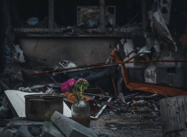 HOSTOMEL, KYIV REGION, UKRAINE - AĞUSTOS 2022. İnsanların öldüğü yanan özel bir evin bahçesinde çiçekler.