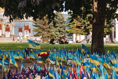 KYIV, UKRAINE - Ağustos 2023. Rus-Ukrayna savaşında öldürülen Ukraynalıların isimlerinin yazılı olduğu bayraklar.
