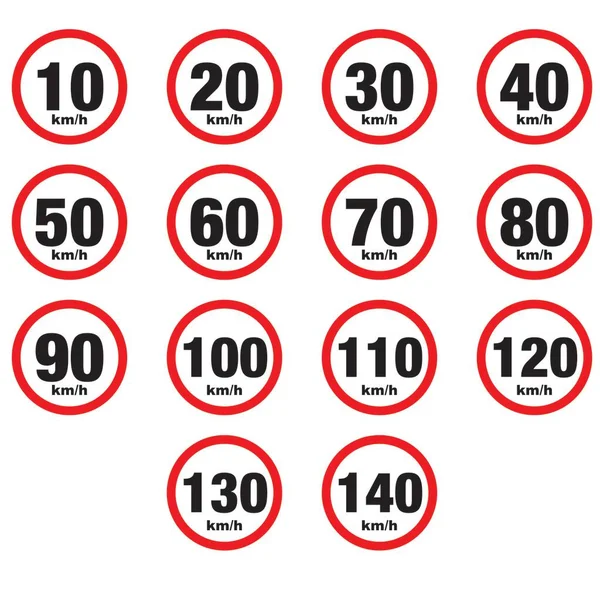 stock vector Collection of maximum speed limit signals 10, 20, 30, 40, 50, 60, 70, 80, 90, 100, 110, 120, 130, 140 km / h. Road signs icons isolated on white background.