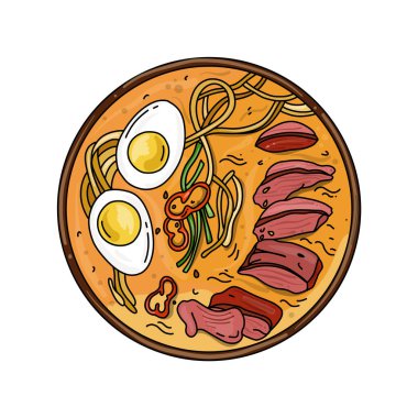 Erişte, biber, yumurta ve sığır etli makarna. Asya yemekleri. Menü için karalama çizimi ve afiş. Vektör illüstrasyonu