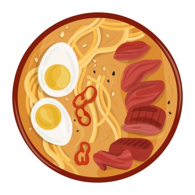 Erişte, biber, yumurta ve sığır etli makarna. Asya yemekleri. Menü için karalama çizimi ve afiş. Vektör illüstrasyonu