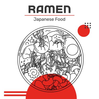Resimli Asya erişte çorbası, tavuklu ramen, karides, tofu, sebze ve bir kase yumurta. Robot resim. Japon mutfağının çizgi çizimi. Vektör illüstrasyonu