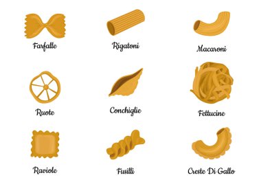 Beyaz arka planda izole edilmiş farklı İtalyan makarna çizimi çeşitlerine sahip büyük bir set. Spagetti, Farfalle, Penne, rigatoni, ravioli, fusilli, conchiglie, dirsekler, fettucine Illustration