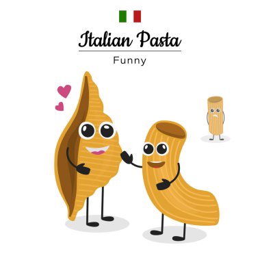 Sevimli karakter makarnası, menüler için komik, afişler. Makarna karakterleri. Tatlı İtalyan buğday yiyeceği. Elleri bacakları ve kawaii yüzlü makarna çizgi filmi. Geleneksel fusilli ya da spagetti. Menü
