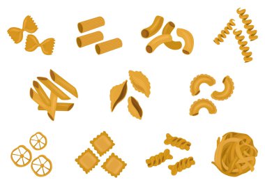 Beyaz arka planda izole edilmiş farklı İtalyan makarna çizimi çeşitlerine sahip büyük bir set. Spagetti, Farfalle, Penne, rigatoni, ravioli, fusilli, conchiglie, dirsekler, fettucine Illustration