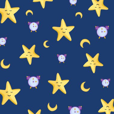 Şablon şirin saat, ay ve yıldızlar mavi arka planda çizgi film tarzında. Vektör illüstrasyonu