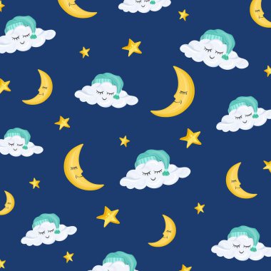 Açık arkaplanda çizgi film tarzında sevimli bulutlar ve ay desenleri var. Vektör illüstrasyonu