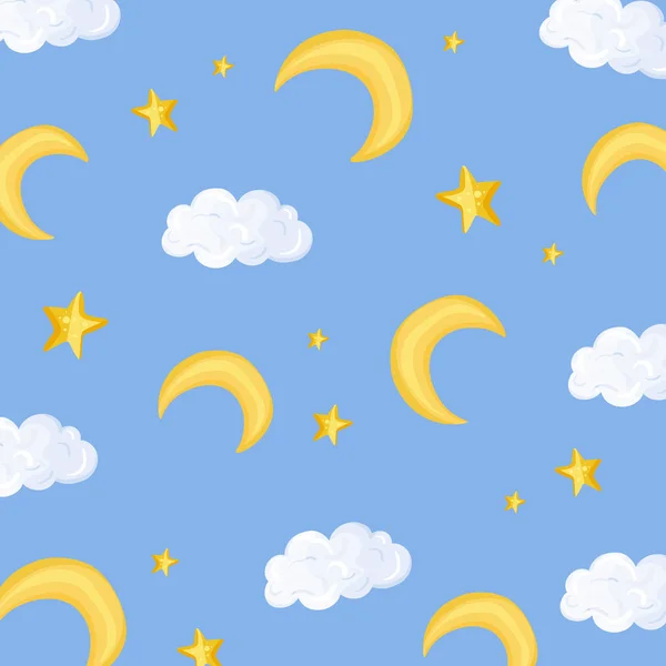 青い背景に黄色の月と星のパターン 漫画のスタイルで ベクターイラスト — ストックベクタ