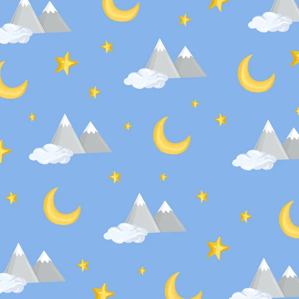 星や月 明るい青の背景に漫画のスタイルで山のパターン ベクターイラスト — ストックベクタ