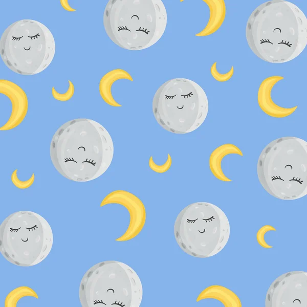 青い空にかわいい月のパターン 漫画風 ベクターイラスト — ストックベクタ