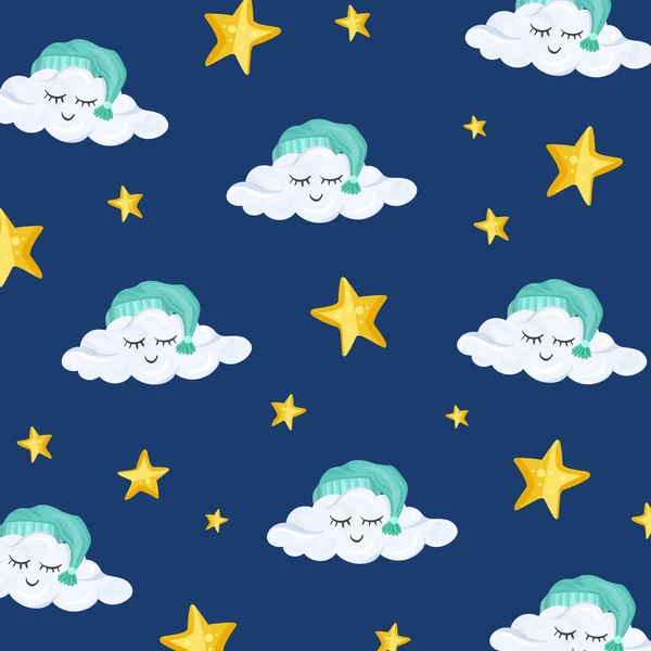 光の背景に漫画風のかわいい雲や星とパターン ベクターイラスト — ストックベクタ
