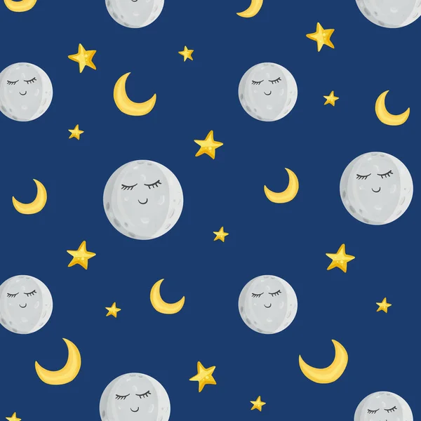 Motif Jolies Lunes Étoiles Sur Ciel Bleu Dans Style Dessin — Image vectorielle