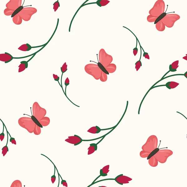 Motif Sans Couture Avec Des Papillons Roses Des Plantes Sur — Image vectorielle