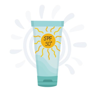 Cilt bakımı, koruma, güneş güvenliği kozmetiği: Tüpte SPF 50 güneş kremi ve şişe, güneş kremi. Karikatür tarzında izole edilmiş EPS. Vektör illüstrasyonu