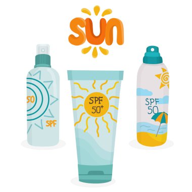 Cilt bakımı, koruma, güneş güvenliği kozmetiği: Tüpte SPF 50 güneş kremi ve şişe, güneş kremi. Karikatür tarzında izole edilmiş EPS. Vektör illüstrasyonu