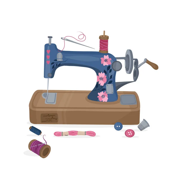 Máquina Costura Suprimentos Estilo Cartoon Vetor Costura Retro Ilustração Vetorial —  Vetores de Stock