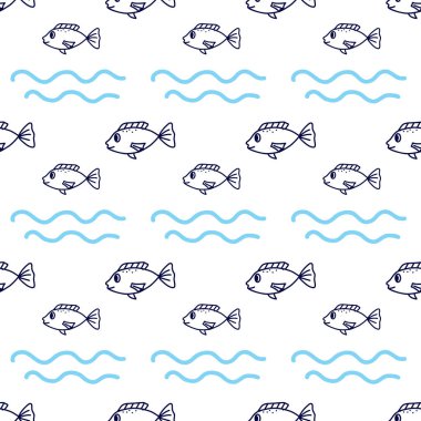 Halat şeklinde balıklarla kusursuz bir desen. Ambalaj kağıdı, tekstil, doku deniz arka planı. Vektör illüstrasyonu