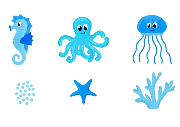 Conjunto Animales Del Océano Ambientado Estilo Dibujos Animados Lindas Medusas — Archivo Imágenes Vectoriales