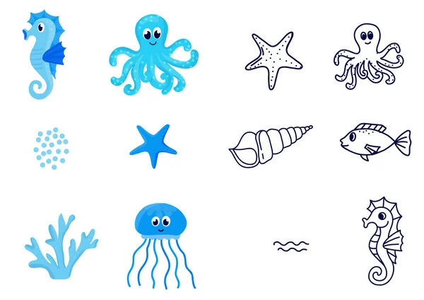 一套卡通和线海生动物 儿童插图 矢量说明 — 图库矢量图片