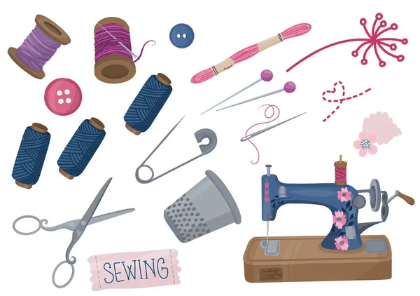 Set Handmade Supplies Sewing Machine Pins Threads Vector Illustration — Stock Vector