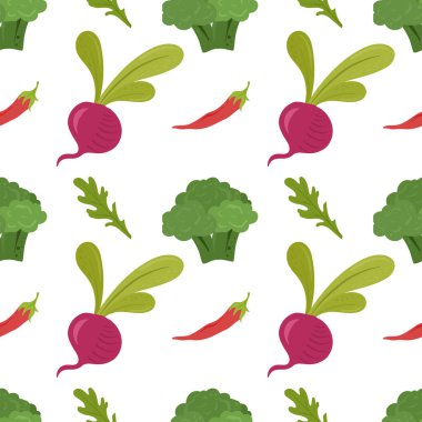Sebze deseni. Sağlıklı, ekolojik gıda. Sebzeler düz elle çizilmiş, dikişsiz desen. Sağlıklı beslenme çizgi film dokusu. Duvar kağıdı, ambalaj kağıdı ve masa örtüsü için harika bir doku. Vektör