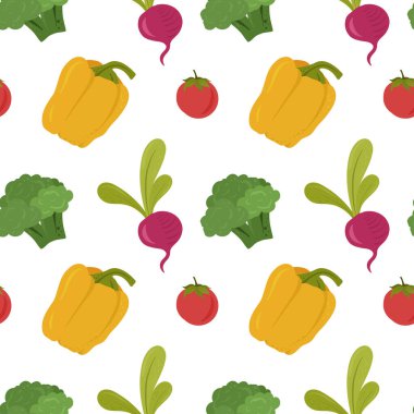 Sebze deseni. Sağlıklı, ekolojik gıda. Sebzeler düz elle çizilmiş, dikişsiz desen. Sağlıklı beslenme çizgi film dokusu. Duvar kağıdı, ambalaj kağıdı ve masa örtüsü için harika bir doku. Vektör