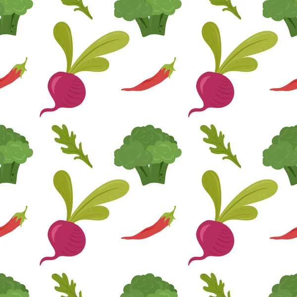 Sebze deseni. Sağlıklı, ekolojik gıda. Sebzeler düz elle çizilmiş, dikişsiz desen. Sağlıklı beslenme çizgi film dokusu. Duvar kağıdı, ambalaj kağıdı ve masa örtüsü için harika bir doku. Vektör
