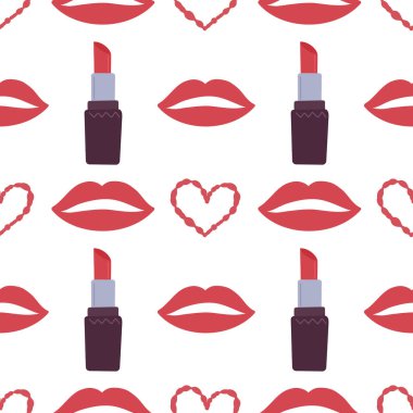 Makyaj, kozmetik desen. Sonsuz doku tasarımı. Paket, tekstil ve dekorasyon için basılabilir düz vektör güzellik çizimi. Vektör illüstrasyonu