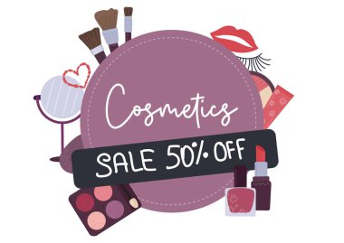 Afişin güzellik makyaj vektörü konsepti. Düz stil kozmetik satışı. Vektör illüstrasyonu
