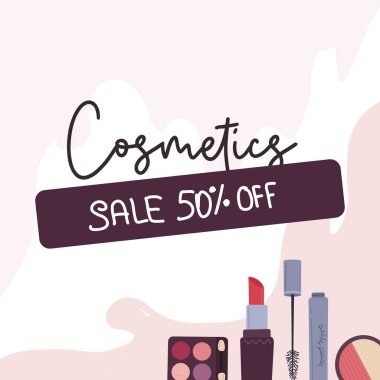 Afişin güzellik makyaj vektörü konsepti. Düz stil kozmetik satışı. Vektör illüstrasyonu