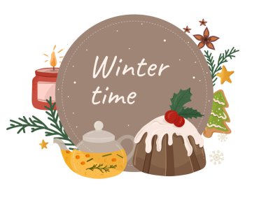 Winter time banner with a cozy atmosphere, teapot and Christmas cake. Vector illustration.  clipart