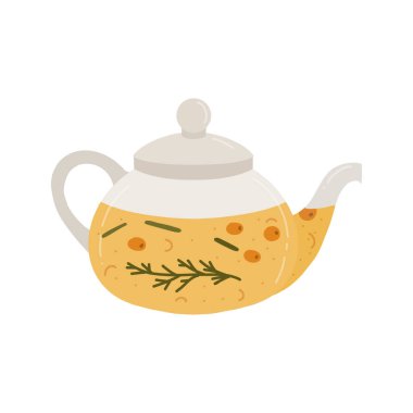 Modern, meyveli çaydanlık. Çay zamanı, sıcak içecek. Vektör illüstrasyonu