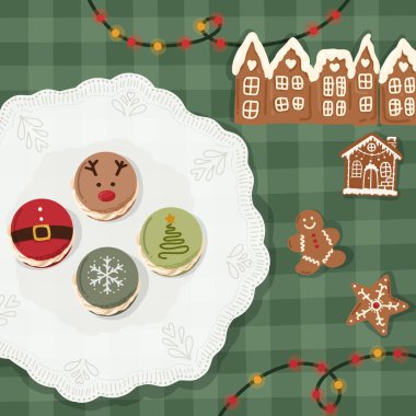 Noel kurabiyeleriyle dolu, ışıklarla çevrili bir tabak. Zencefilli kurabiye ve komik Noel kurabiyeleri. - Evet. Vektör illüstrasyonu