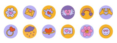 70 'lerin modası geçmiş 60' ların modası geçmiş, kalpleri, çiçekleri ve romantik sembolleri olan karikatür tarzı sevgililer günü çıkartmaları. Vektör illüstrasyonu