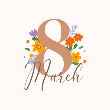 Zarif bir arka planda zarif tipografinin etrafına yerleştirilmiş çiçekli bir kompozisyon içeren 8 Mart afişi. Vektör illüstrasyonu