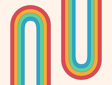 Kavisli gökkuşağı renkli çizgileri olan soyut geometrik tasarım retro-esinlenmiş bir kompozisyon oluşturuyor. Cesur, enerjik şekiller en az ama dinamik bir görüntü oluşturur. Vektör illüstrasyonu