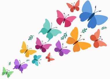 Modern ve minimal bir şekilde canlı bir kelebek çizimi. Yumuşak, doğal şekilli ve dekoratif yapraklı renkli uçan kelebekler. Bahar, doğa ve çiçek temalı tasarımlar için mükemmel. Vektör