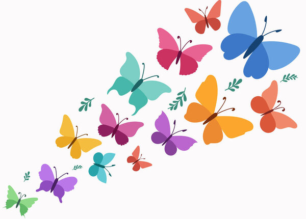 Vibrant butterfly illustration in a modern, minimal style. Colorful flying butterflies with soft, natural shapes and decorative leaves. Perfect for spring, nature, and floral-themed designs. Vector
