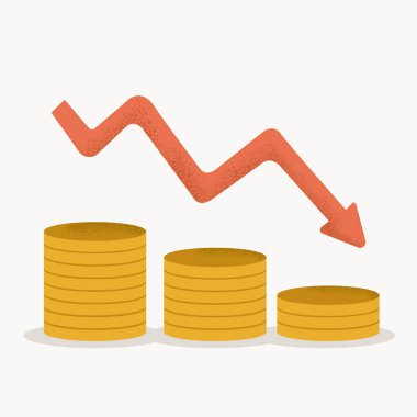 Madeni para yığınları aşağı doğru bir okla azalıyor, finansal kaybı, ekonomik düşüşü veya hafif bir arka planda piyasa çöküşünü temsil ediyor. Vektör illüstrasyonu