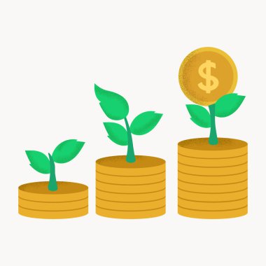 Yatırım, tasarruf ve finansal büyümeyi sembolize eden büyüyen bitkilerle dolu madeni paralar. Vektör illüstrasyonu