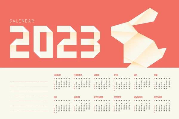 Kalendarz Królika Origami 2023 Księżycowy Papier Szczęśliwy Noworoczny Wektor Design — Wektor stockowy
