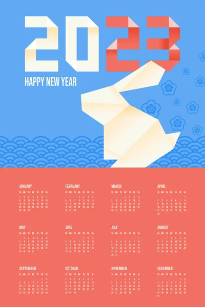 2023 Kaninchen Origami Kalender Mondpapier Glückliches Neues Jahr Vektor Design — Stockvektor