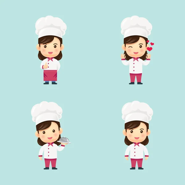 Chef Kids Girl Confident Woman Set Niños Cocina Signo Vector — Archivo Imágenes Vectoriales