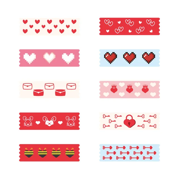 Valentine Love Tape Washi Sticker Strips Text Decoration Set Colorful — Stock Vector