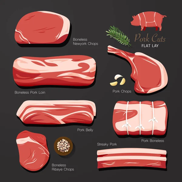 뼈없는 돼지고기 고기를 자르는 그래픽 아이디어 정육점에서 고기를 팝니다 일러스트 — 스톡 벡터