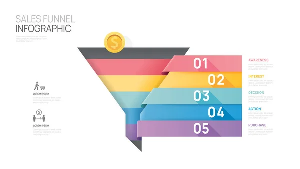 Infographic Sales Funnel Diagram Template Business Modern Timeline Step Level — Vetor de Stock