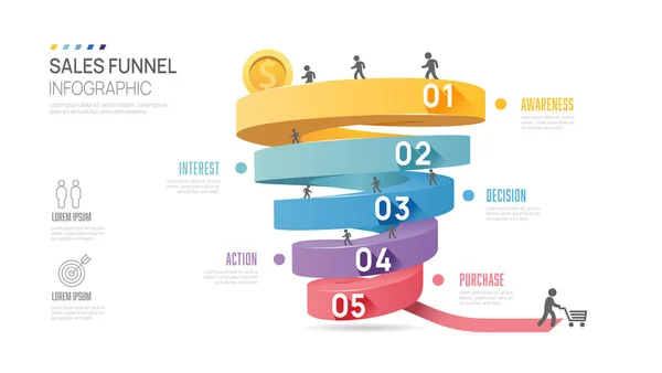 Infographic Sales Funnel Diagram Template Business Modern Timeline Step Level — Vetor de Stock