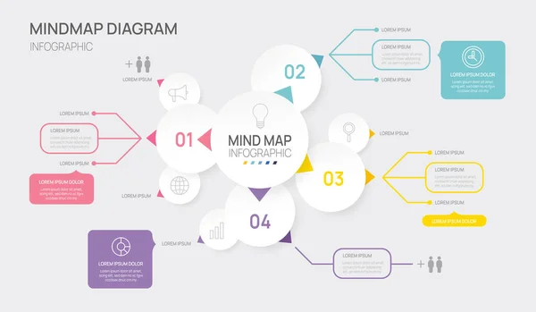 用于业务的Infographic Mindmap模板 四步现代思维图解 里程碑表示矢量信息图 — 图库矢量图片