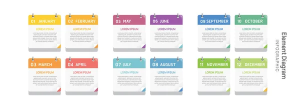 議題ビジネスのためのインフォグラフィックテンプレート 12ヶ月現代タイムライン要素図カレンダー 4四半期ステップマイルストーンプレゼンテーションベクトルインフォグラフィック — ストックベクタ